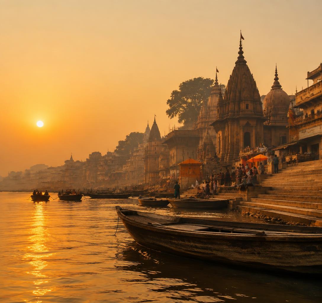 Dawn over the Ganges ghats at Varanasi